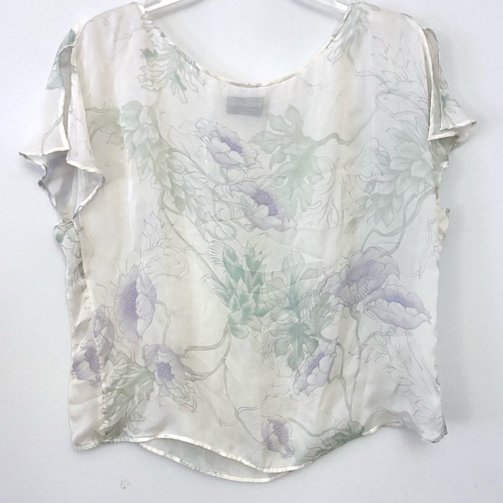 GIORIO ARMANI Cream Sheer Silk Cropped Floral Blouse, Flutter Short Sleeve
